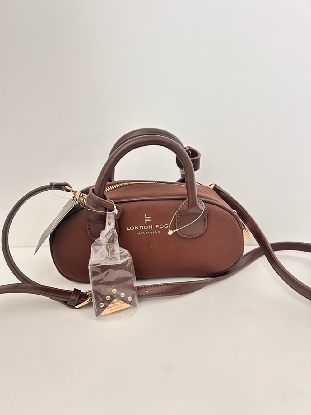 London Fog Brown Dome Crossbody with Top Handles Bowling satchel